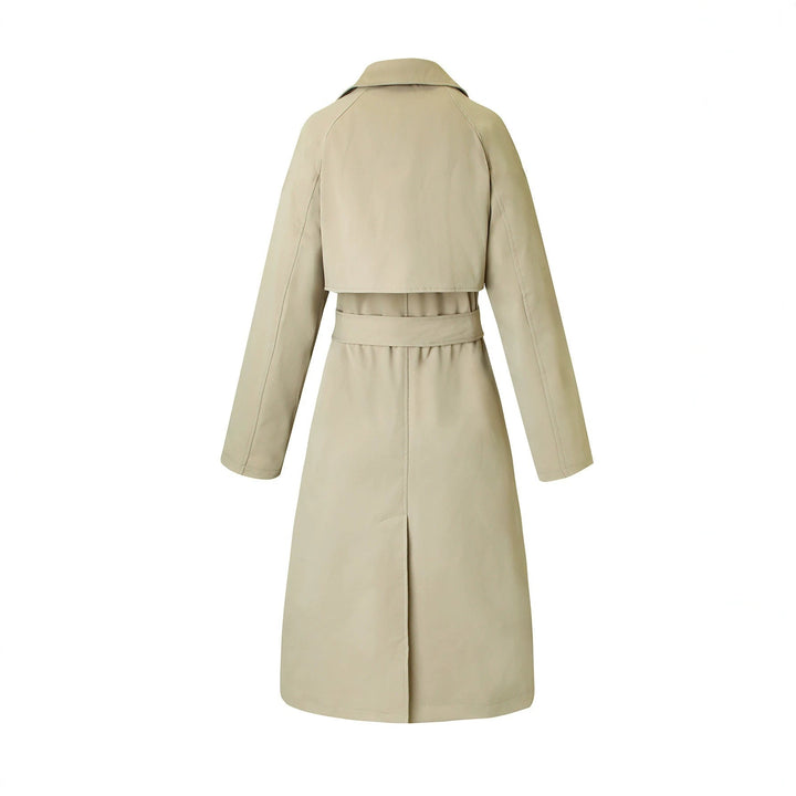Trench donna casual chic con cintura, maniche raglan e lunghezza midi, capospalla versatile per ogni occasione.