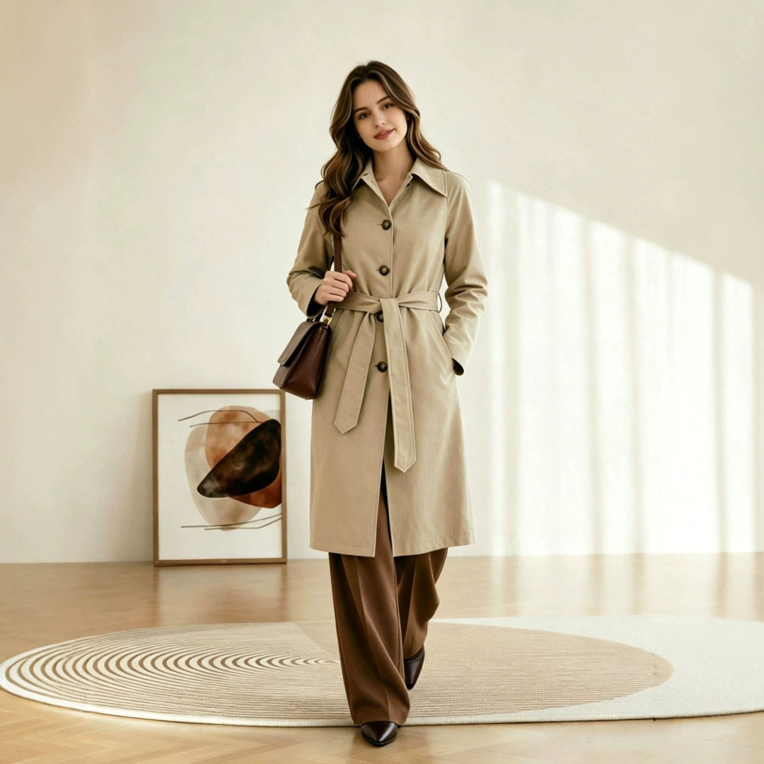 Elegante trench donna impermeabile con cintura, un must-have per l'abbigliamento femminile di primavera.