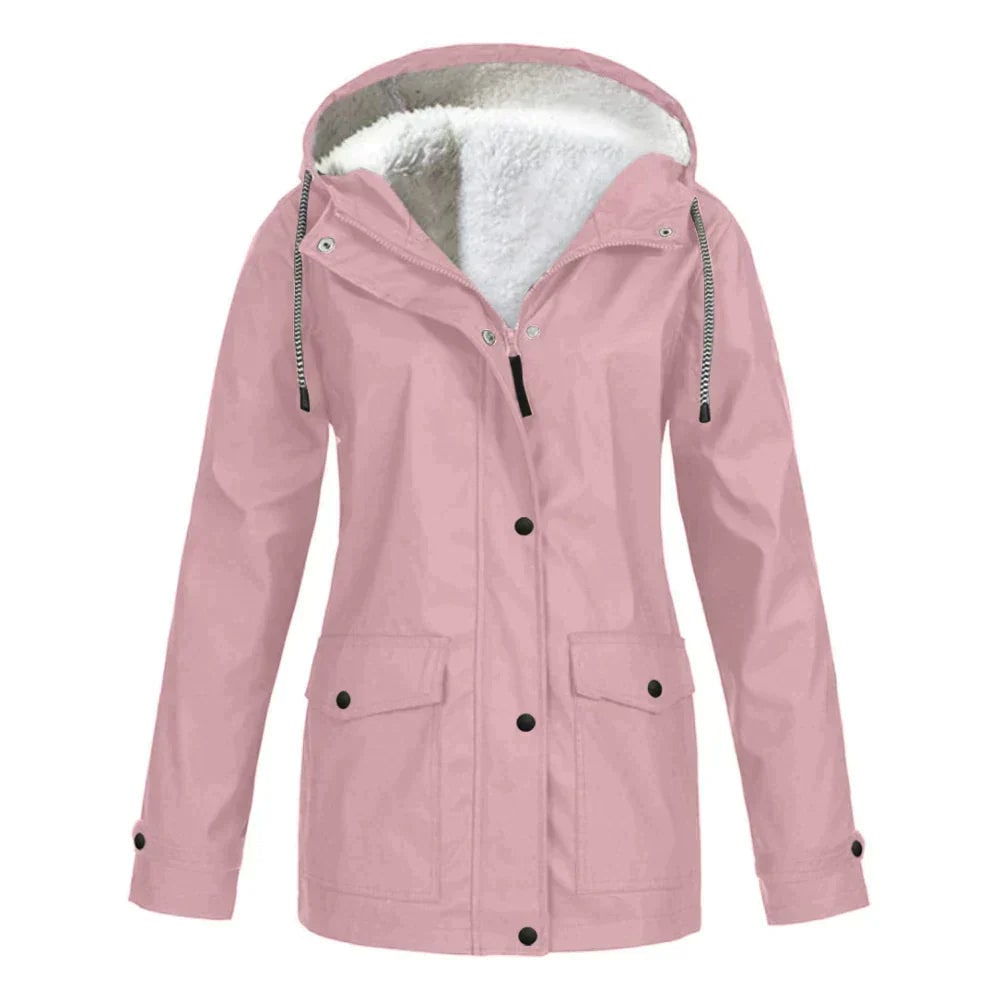 Giacca donna impermeabile, antipioggia con cappuccio e fodera in pile. Offre calore e protezione per abbigliamento esterno casual.
