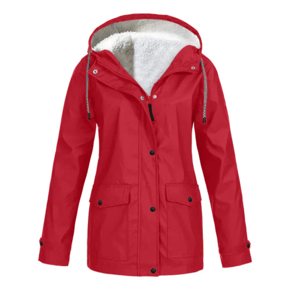 Giacca antipioggia donna moderna con cappuccio e fodera in pile. Ideale per un look casual e protezione dagli elementi.