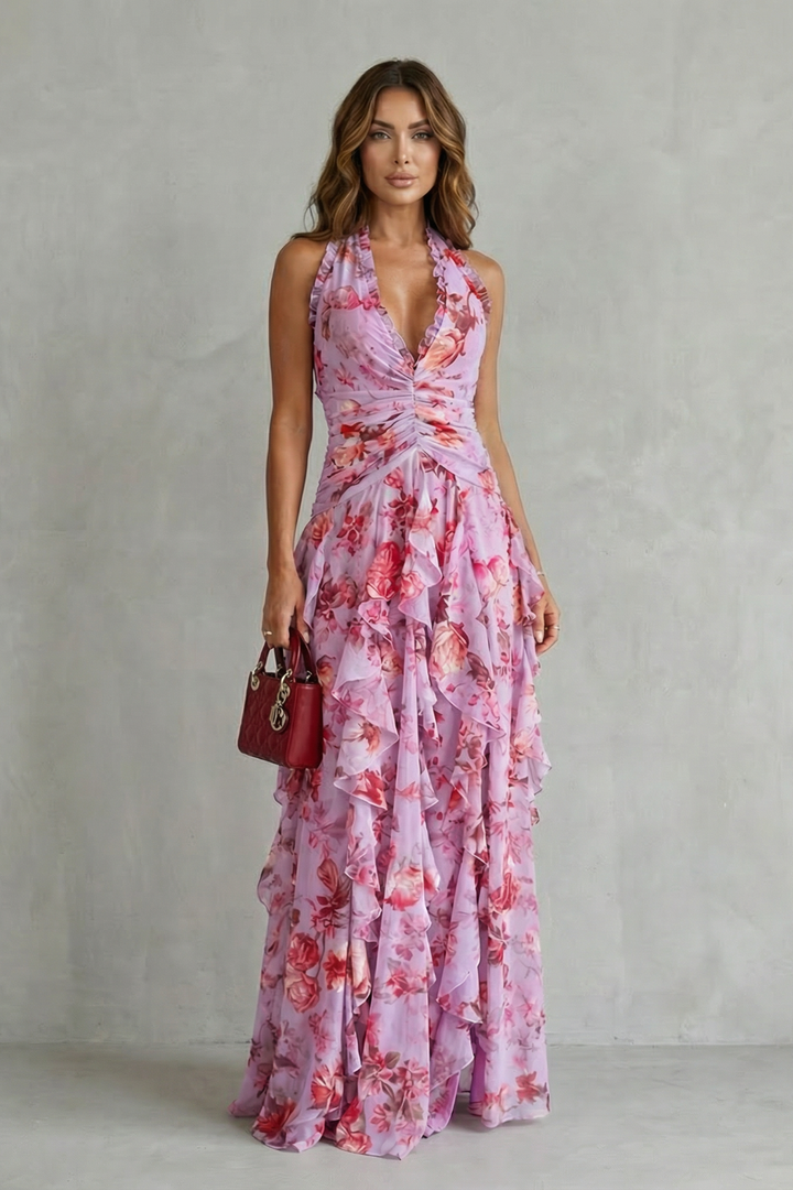 Abito lungo donna estivo stampa floreale con scollo all'americana, balze e design elegante per cerimonia.