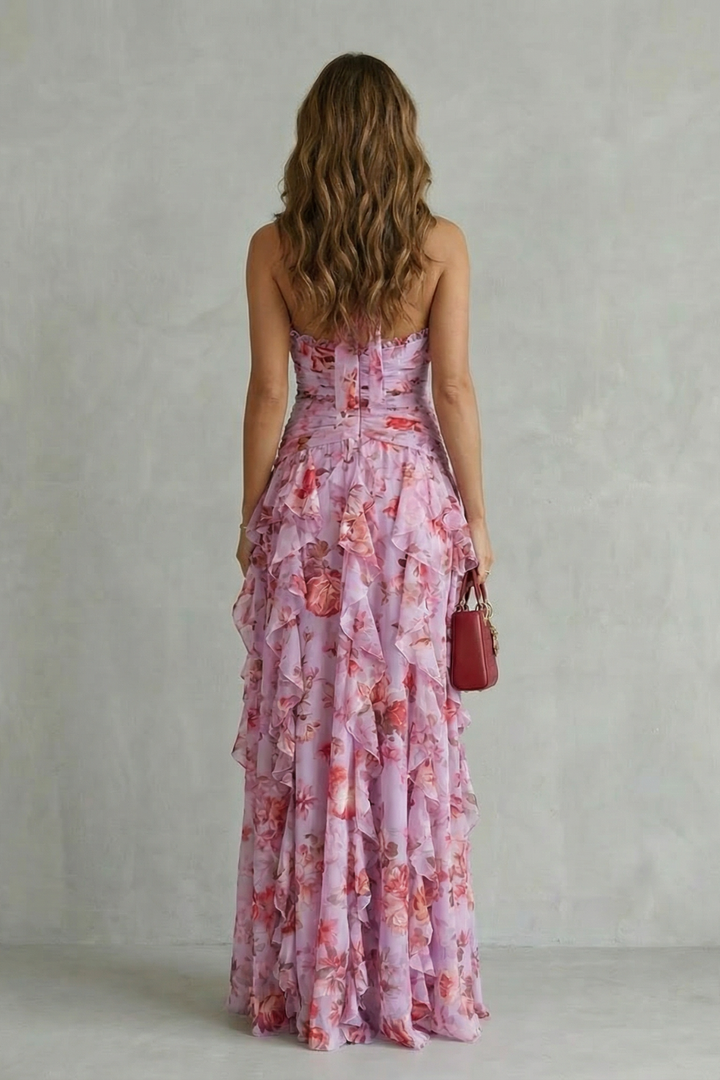 Elegante abito lungo estivo floreale donna con scollo all'americana, balze e tessuto leggero.