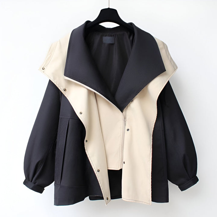 Giacca donna antivento autunnale/primaverile con coulisse, disponibile in nero o beige. Design leggero.