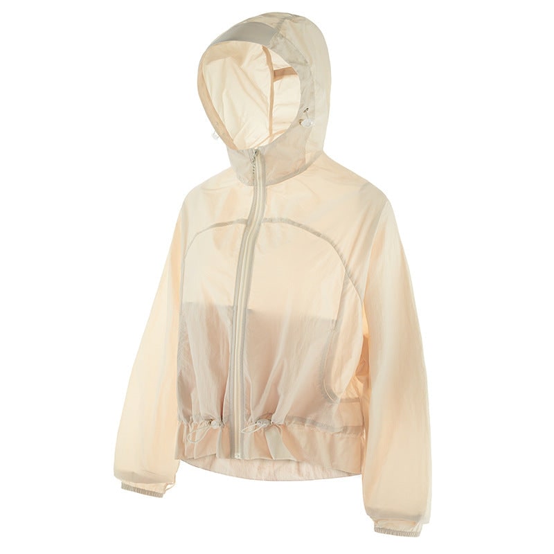 Giacca a vento donna leggera beige con cappuccio, impermeabile, perfetta per protezione dal vento e stile casual.