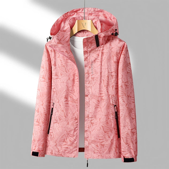 Giacca a vento donna impermeabile con stampa foglie, cappuccio, leggera, ideale per primavera/autunno.