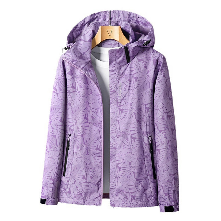 Giacca antipioggia impermeabile donna con cappuccio e stampa foglie, protezione leggera per l'esterno.