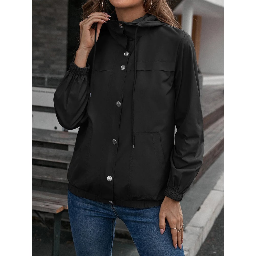 Giacca donna leggera impermeabile con cappuccio regolabile, orlo elastico. Perfetta per attività all'aperto in primavera/autunno.
