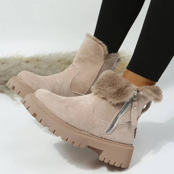 Calzature donna alla caviglia con collo in pelliccia soffice, stivali invernali comodi e alla moda per l'inverno.