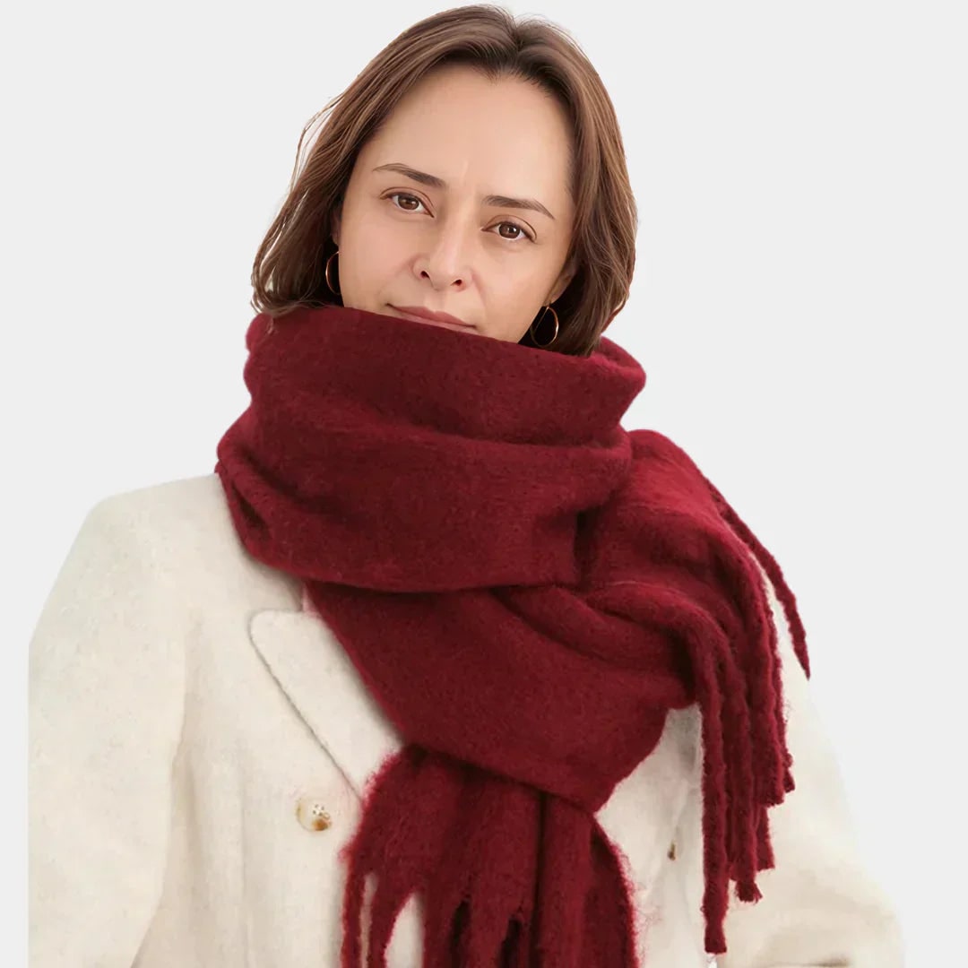 Sciarpa invernale da donna oversize in maglia calda con nappe e frange, elegante accessorio moda per l'inverno.