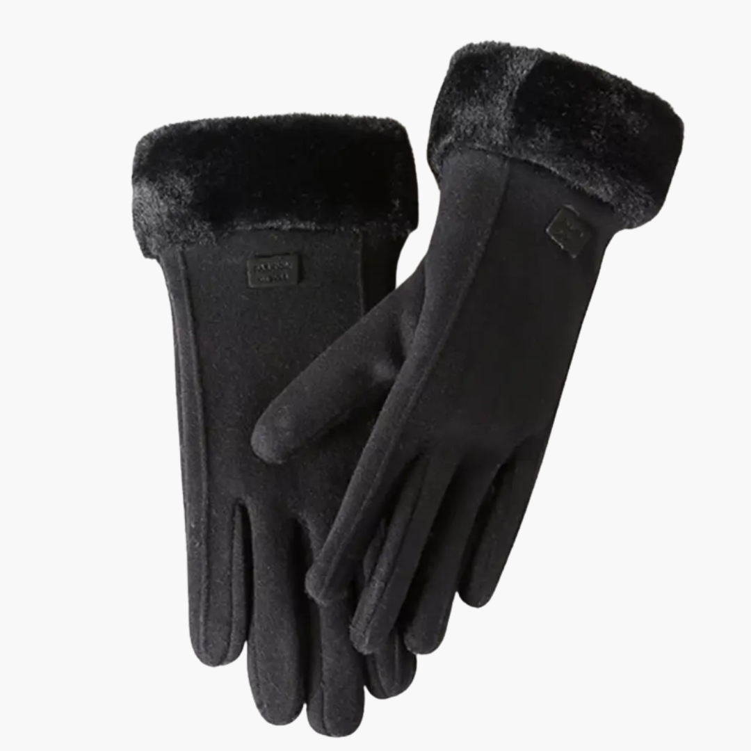 Guanti invernali donna in camoscio sintetico e pelliccia ecologica, caldi ed eleganti per l'inverno.