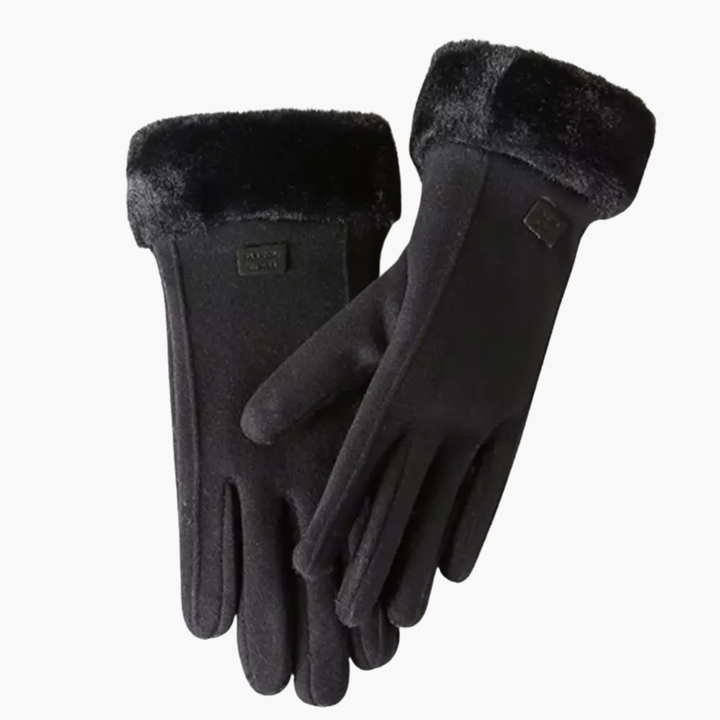 Guanti invernali donna in camoscio sintetico e pelliccia ecologica, caldi ed eleganti per l'inverno.