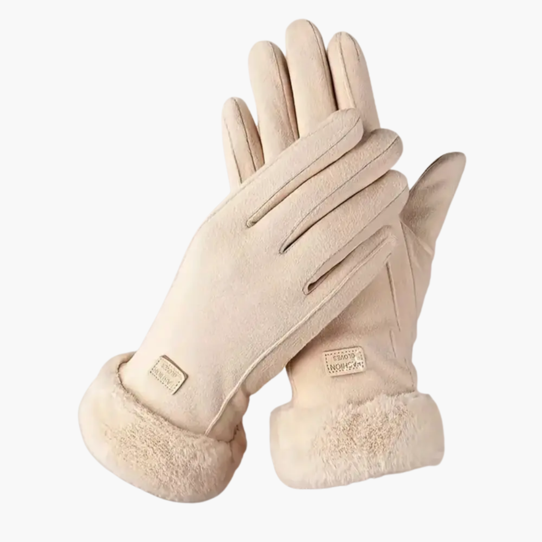 Eleganti guanti invernali da donna con pelliccia e camoscio, perfetti per protezione dal freddo e look alla moda.
