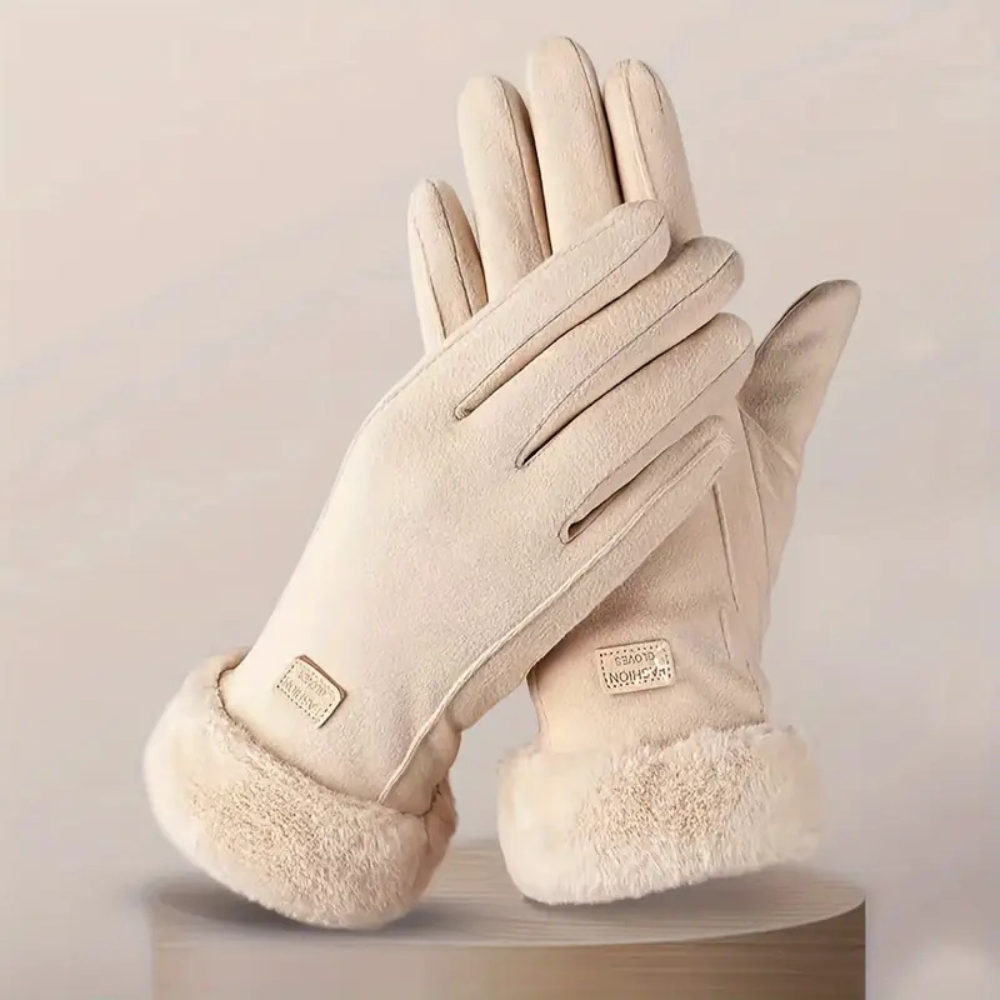 Guanti invernali donna caldi in finta pelle scamosciata e pelliccia sintetica, perfetti per il freddo.