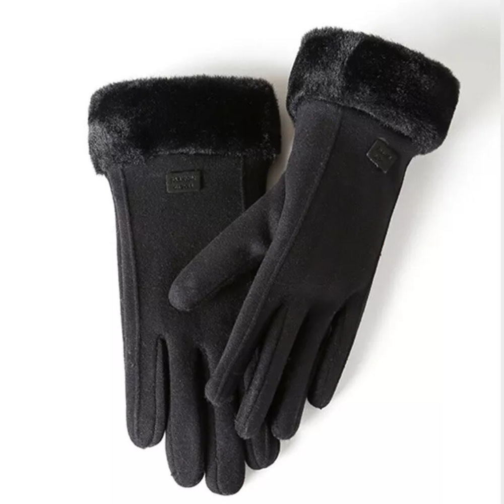Accessori moda invernali: guanti donna scamosciati con pelliccia sintetica, caldi, eleganti e comodi per il freddo.
