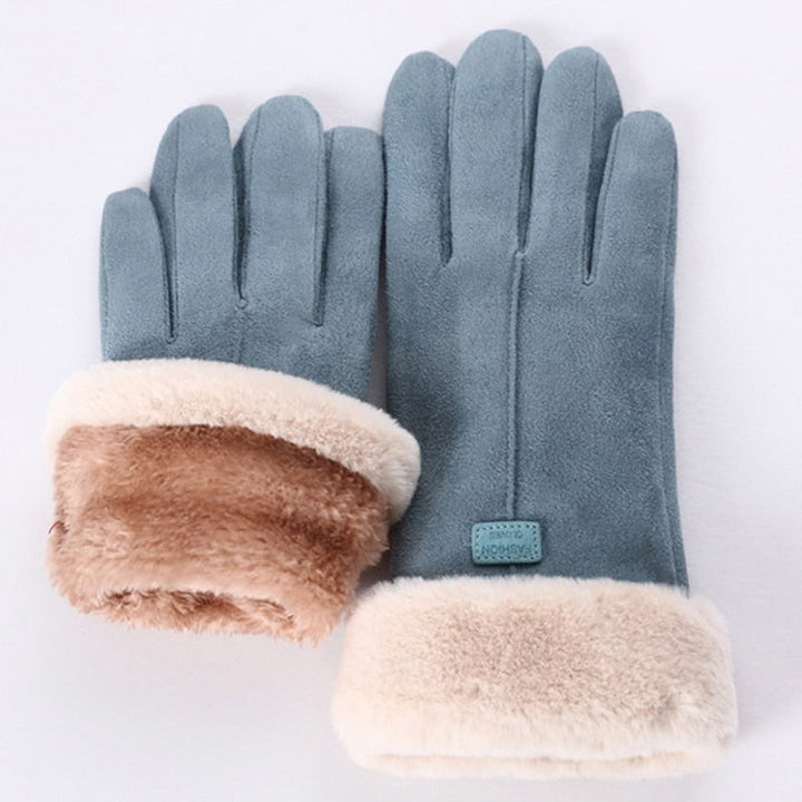 Guanti invernali donna in finta pelle scamosciata e pelliccia sintetica, eleganti e caldi.