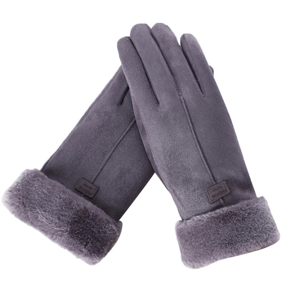 Guanti donna caldi e resistenti in finta pelle scamosciata, con dettagli in pelliccia sintetica, perfetti in inverno.