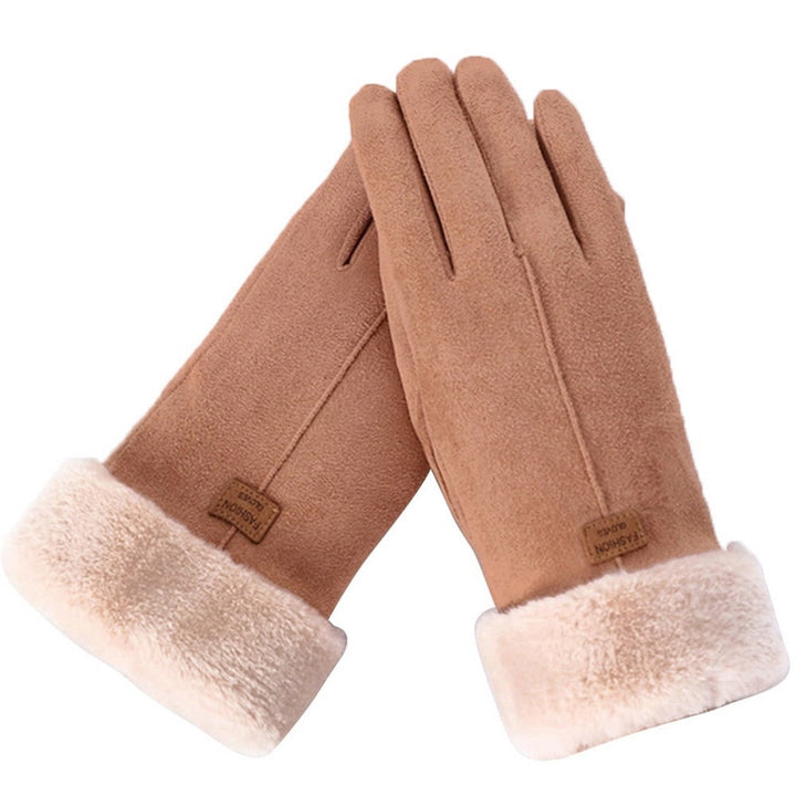 Accessori moda invernali: guanti donna in finta pelle scamosciata e pelliccia sintetica, caldi ed chic.