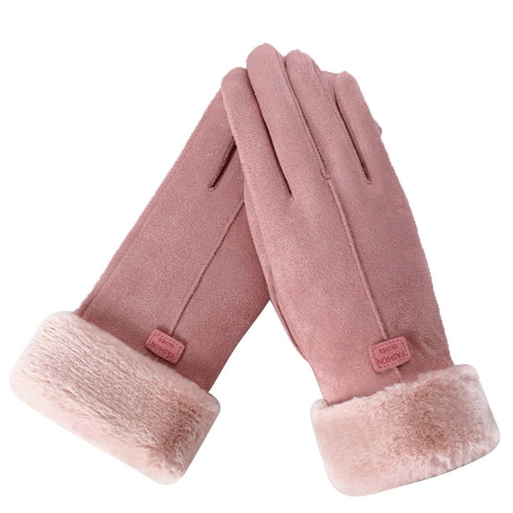 Guanti donna morbidi in finta pelle scamosciata con accenti in soffice pelliccia sintetica per l'inverno.