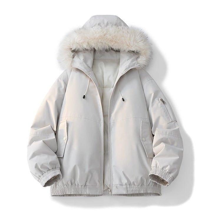Piumino donna invernale ultra caldo e confortevole, bomber con elegante cappuccio in morbida pelliccia sintetica.