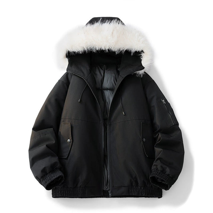 Piumino bomber donna morbido, ideale per l'inverno. Caldo capospalla con cappuccio in pelliccia sintetica.