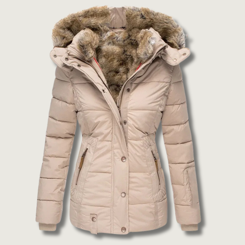 Cappotto invernale donna, piumino caldo trapuntato con cappuccio in pelliccia sintetica.