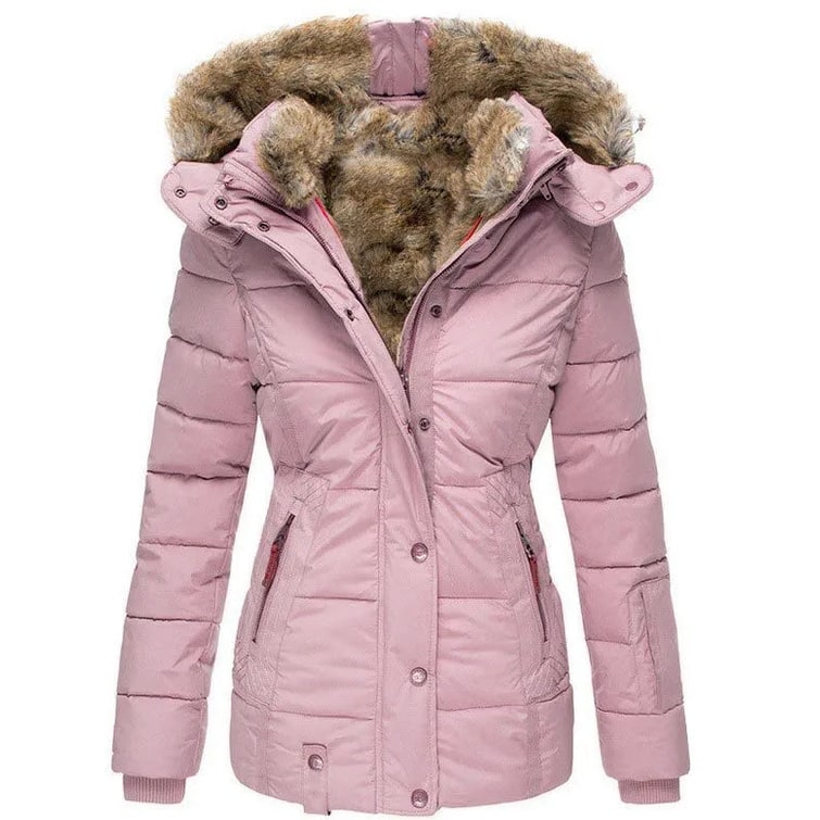 Moda donna invernale: piumino con cappuccio in pelliccia sintetica, cappotto caldo e funzionale.