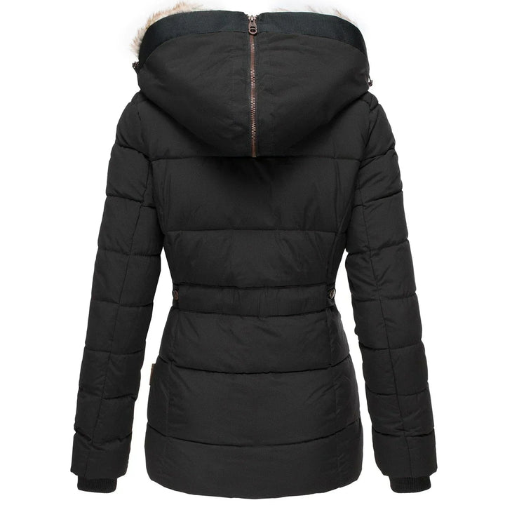 Giubbotto invernale donna di moda, caldo e confortevole, con cappuccio e morbida pelliccia sintetica.