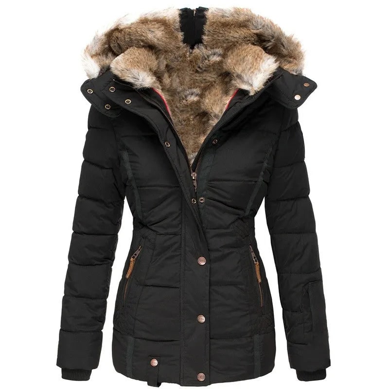 Piumino donna trapuntato, stile moderno, con cappuccio ampio e pelliccia sintetica per massimo calore.
