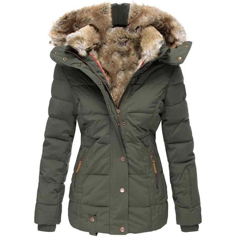 Cappotto donna invernale con cappuccio in pelliccia sintetica, piumino trapuntato caldo e alla moda.