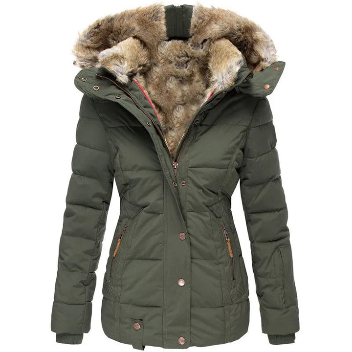 Cappotto donna invernale con cappuccio in pelliccia sintetica, piumino trapuntato caldo e alla moda.