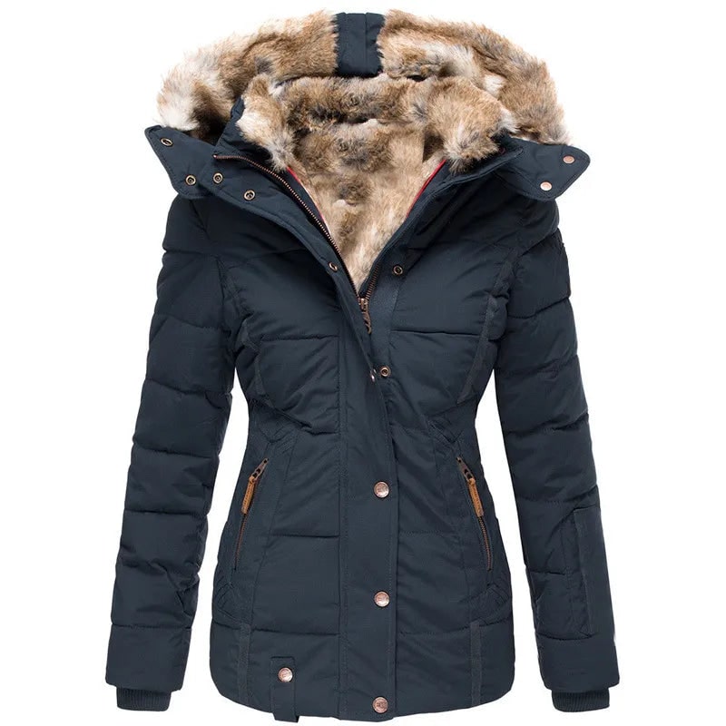 Giacca donna invernale, piumino lungo con cappuccio bordato di pelliccia sintetica, ideale per il freddo.