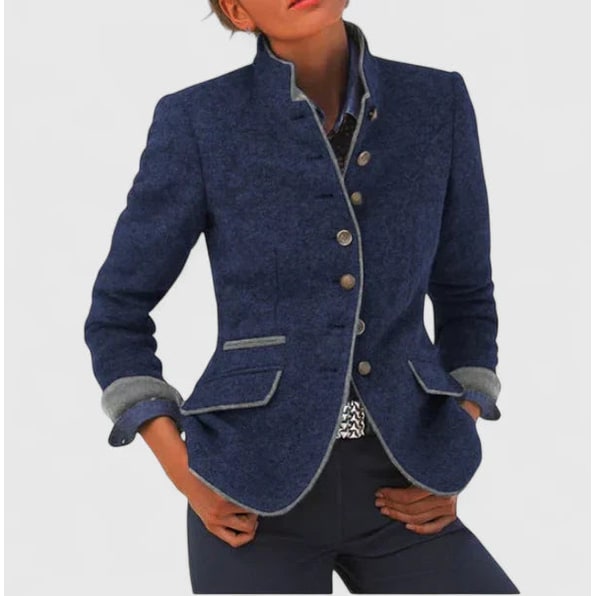 Giacca femminile chic con collo coreana, bottoni, ideale per un look da ufficio o casual di tendenza.