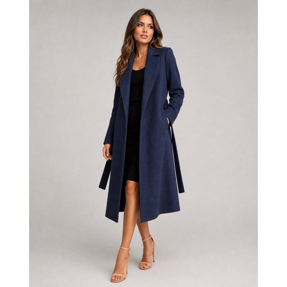 Cappotto trench donna elegante midi con cintura, rever intagliato. Perfetto per autunno/inverno e stile ufficio.