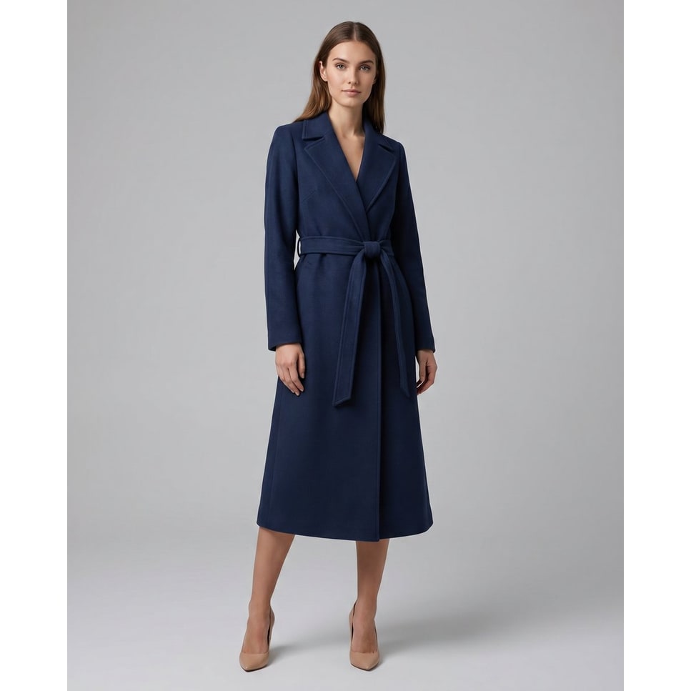 Cappotto trench midi da donna, chiusura a portafoglio, cintura, rever intagliato. Ideale per l'ufficio.
