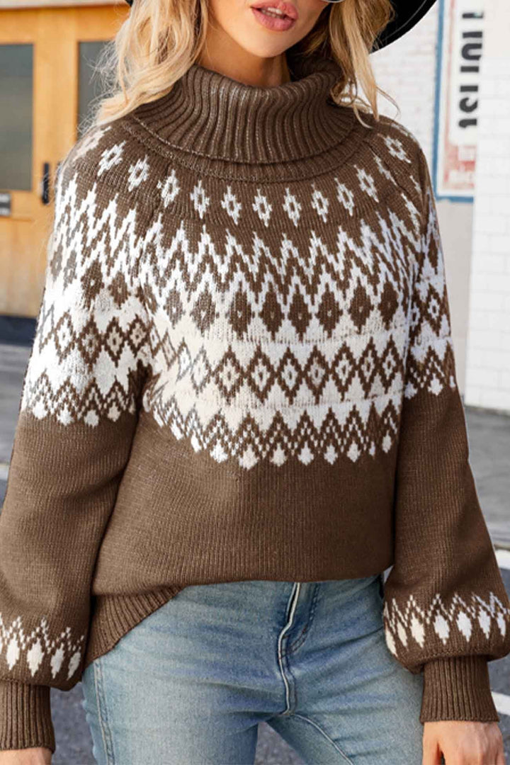 Maglione donna autunnale Fair Isle, vestibilità rilassata, collo alto. Stile e comfort assicurati.