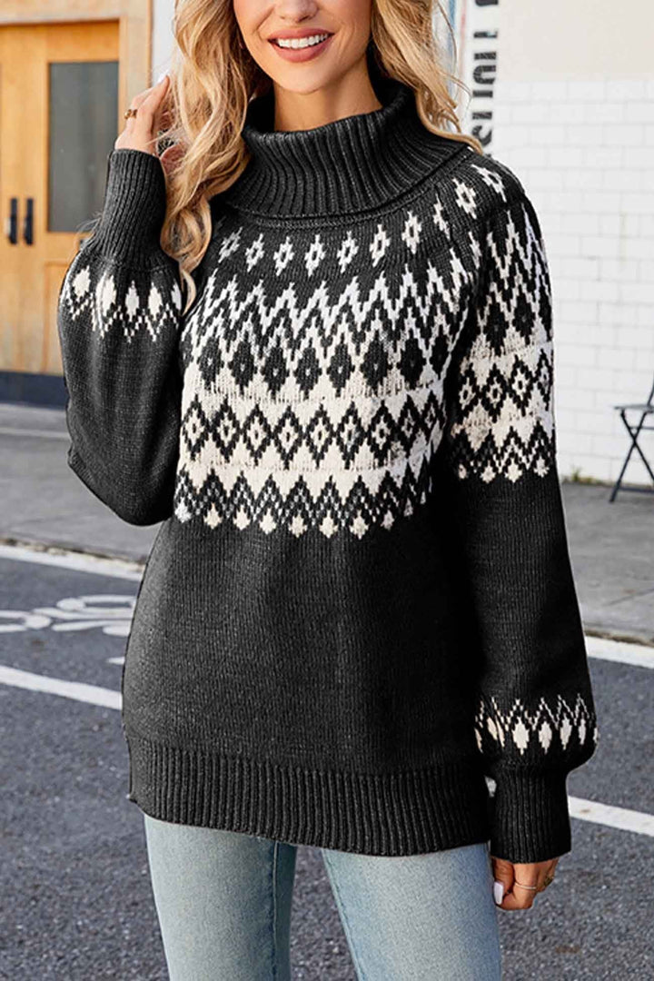 Pullover donna caldo con motivo Fair Isle e collo alto. Essenziale per la moda invernale.