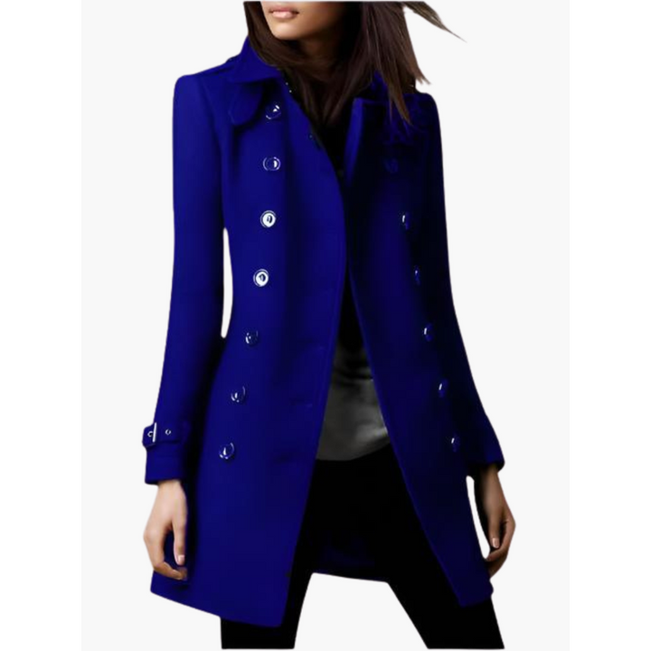 Cappotto invernale lungo donna doppiopetto nero elegante con cintura e polsini, perfetto per la moda classica.