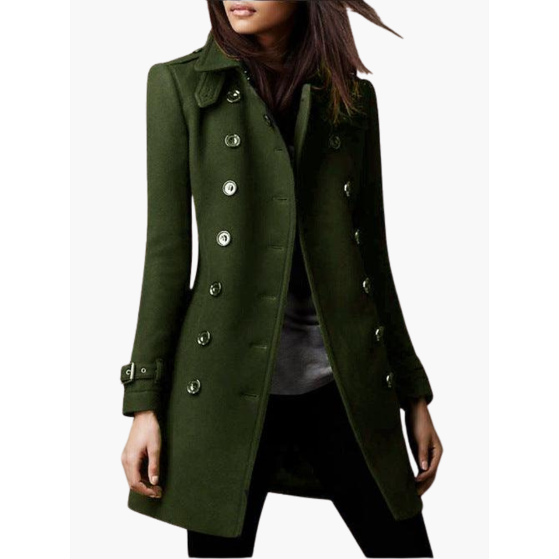 Elegante cappotto donna invernale lungo, modello doppiopetto, con cintura e dettagli ai polsini, un classico.