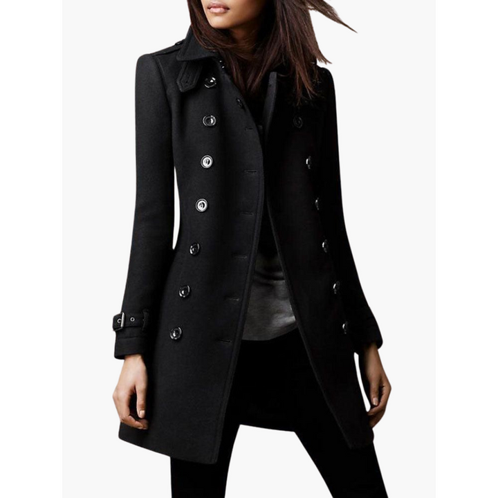 Cappotto lungo donna classico doppiopetto con cintura per una silhouette raffinata, ideale per outfit invernali.