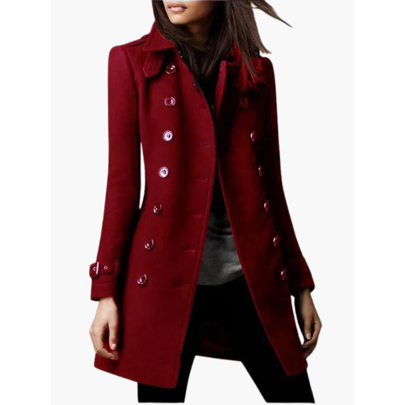 Moda donna: cappotto invernale doppiopetto lungo con cintura e polsini, design classico per un look sofisticato.