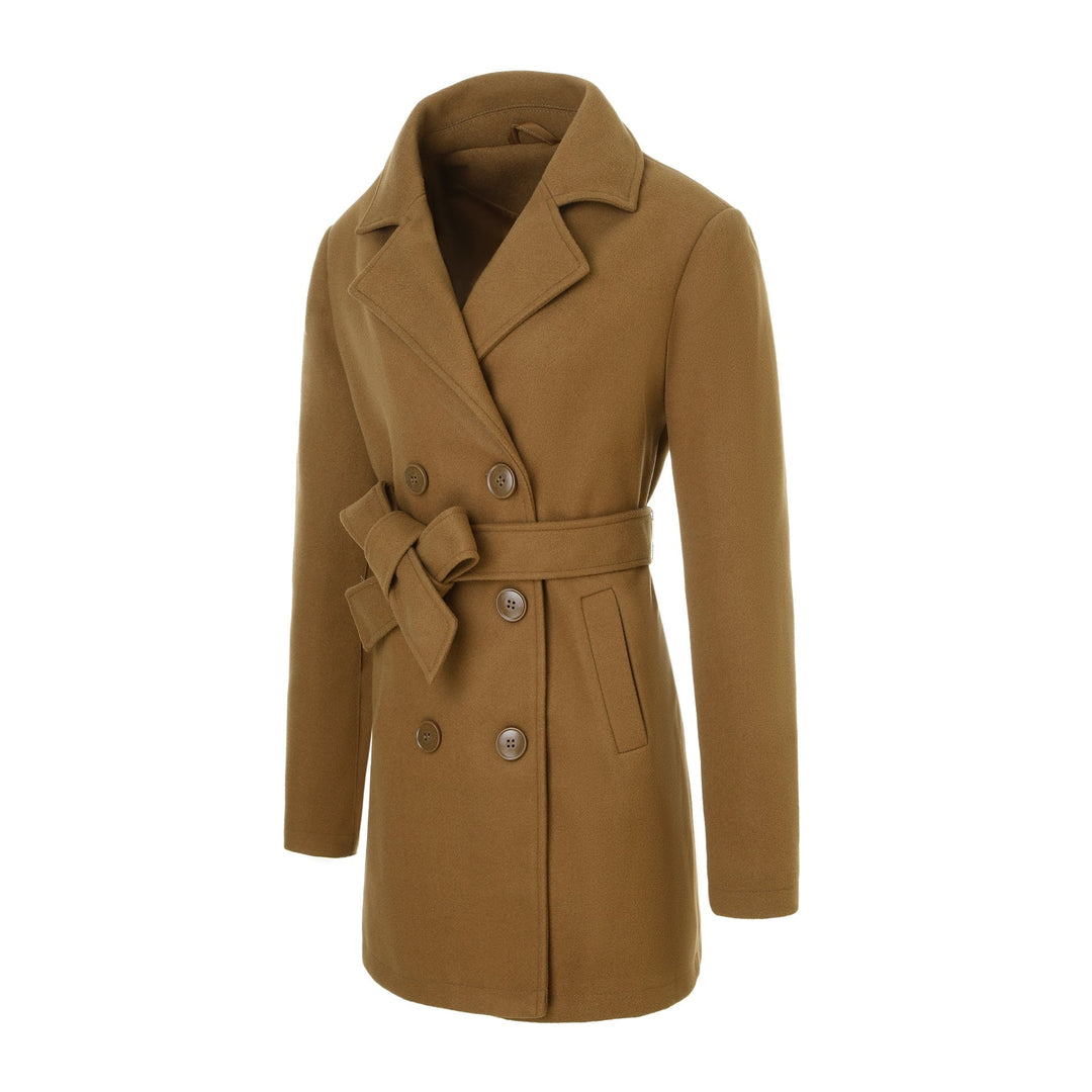 Elegante cappotto donna invernale doppiopetto, giacca lunga moda femminile con ampi revers e cintura in vita per autunno.