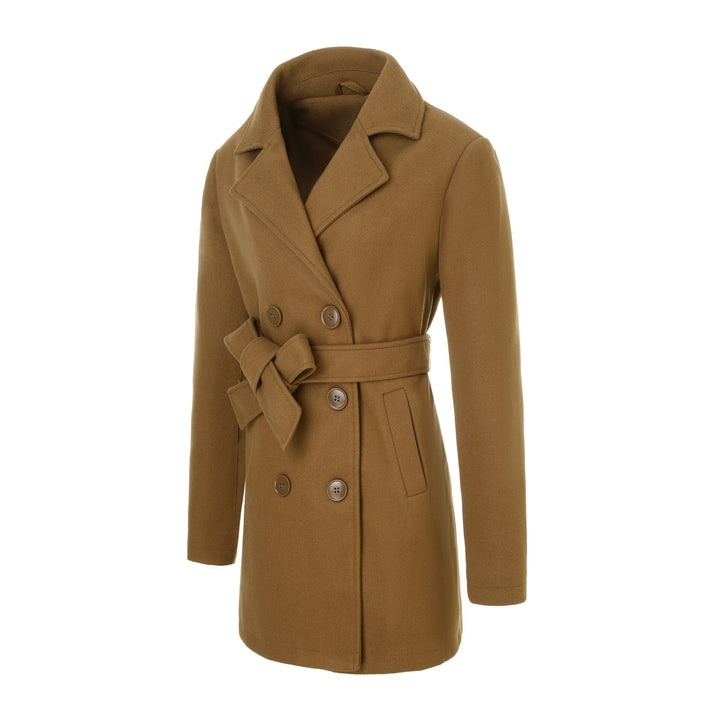 Elegante cappotto donna invernale doppiopetto, giacca lunga moda femminile con ampi revers e cintura in vita per autunno.