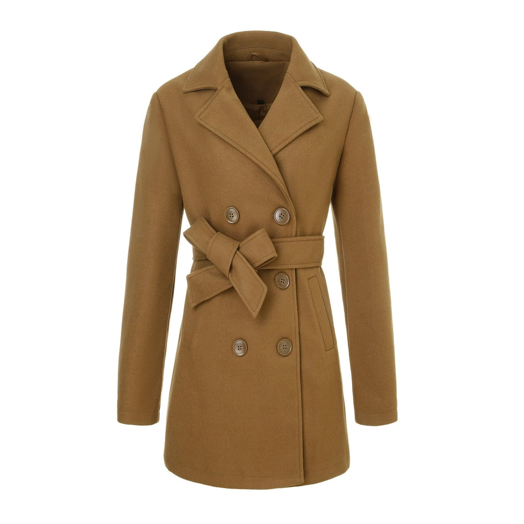 Versatile cappotto donna invernale, giacca lunga doppiopetto con revers e cintura, un capo essenziale per la moda autunno.