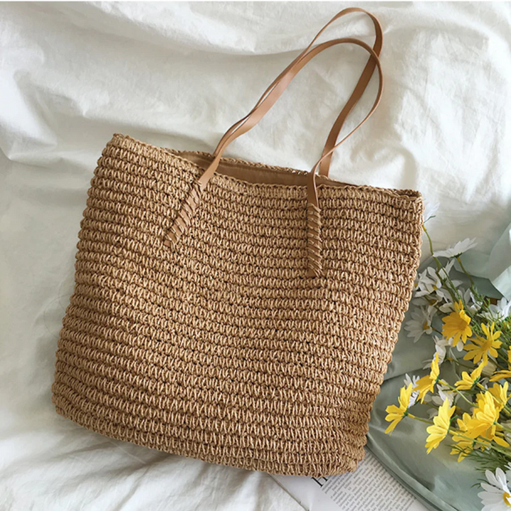 Borsa tote da spiaggia donna in paglia naturale intrecciata a mano, con finiture e manici confortevoli in ecopelle.