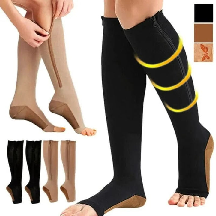 Eleganti calze a compressione donna, ginocchio, punta aperta e cerniera. Comfort terapeutico quotidiano.