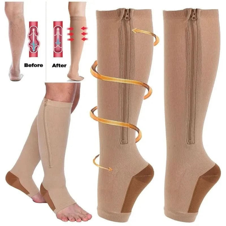 Calze a compressione terapeutiche donna, ginocchio, punta aperta. Con cerniera per circolazione e gravidanza.