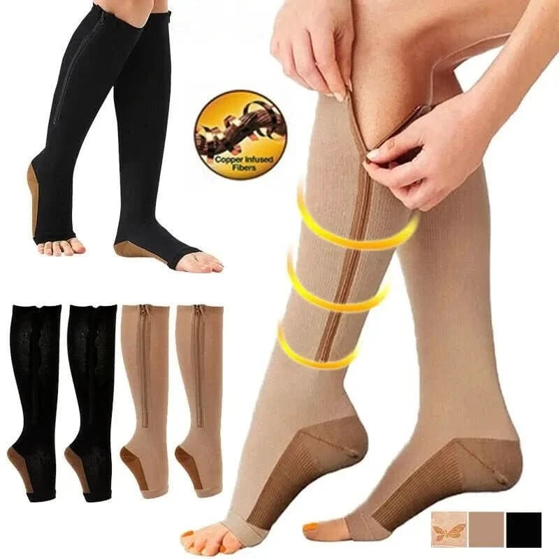 Calze a compressione donna per viaggio e attività quotidiane. Con cerniera per gambe leggere e senza gonfiore.