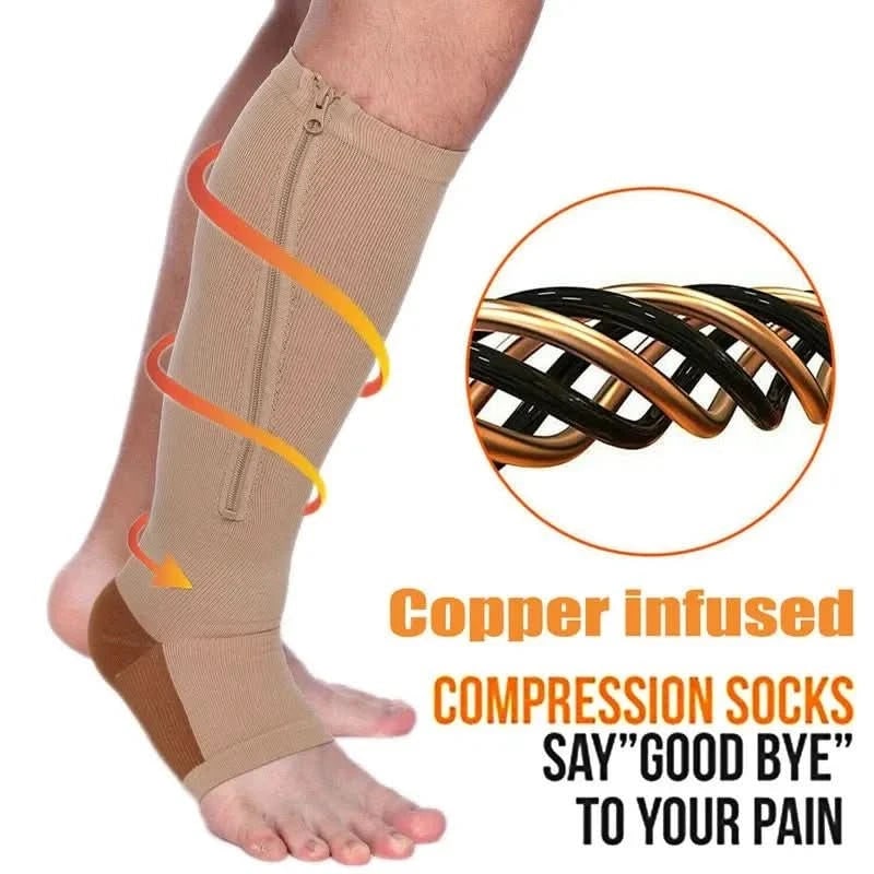 Calze a compressione donna ginocchio, punta aperta, cerniera. Essenziali per supporto e benessere circolatorio.