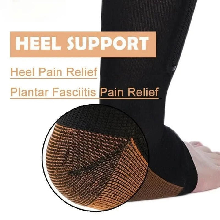 Calze a compressione donna con cerniera per comfort quotidiano. Riduce fatica e gonfiore, gambe leggere.