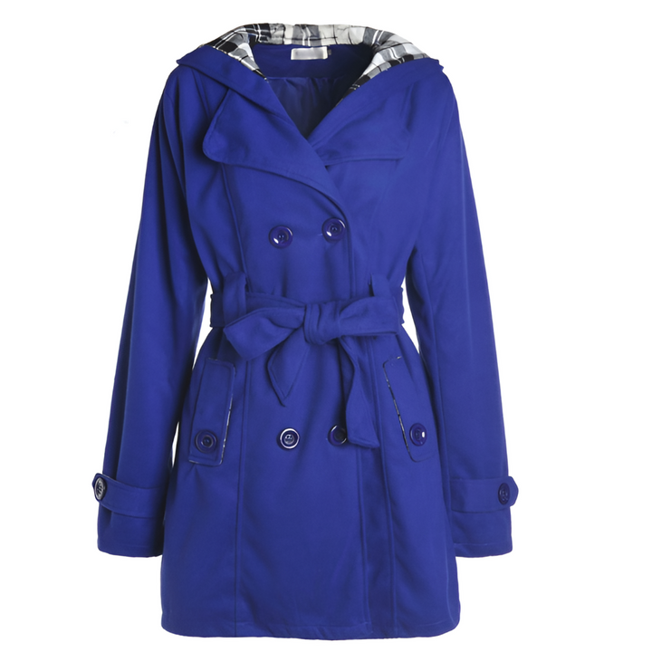 Outwear donna invernale: cappotto lungo con cappuccio e cintura, in tessuto caldo, ideale per le giornate fredde.